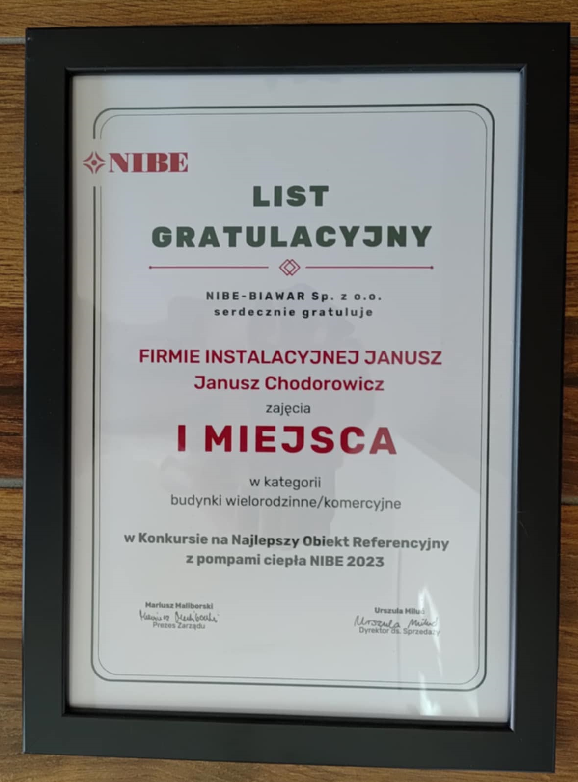 List gratulacyjny NIBE – 1 miejsce 2023