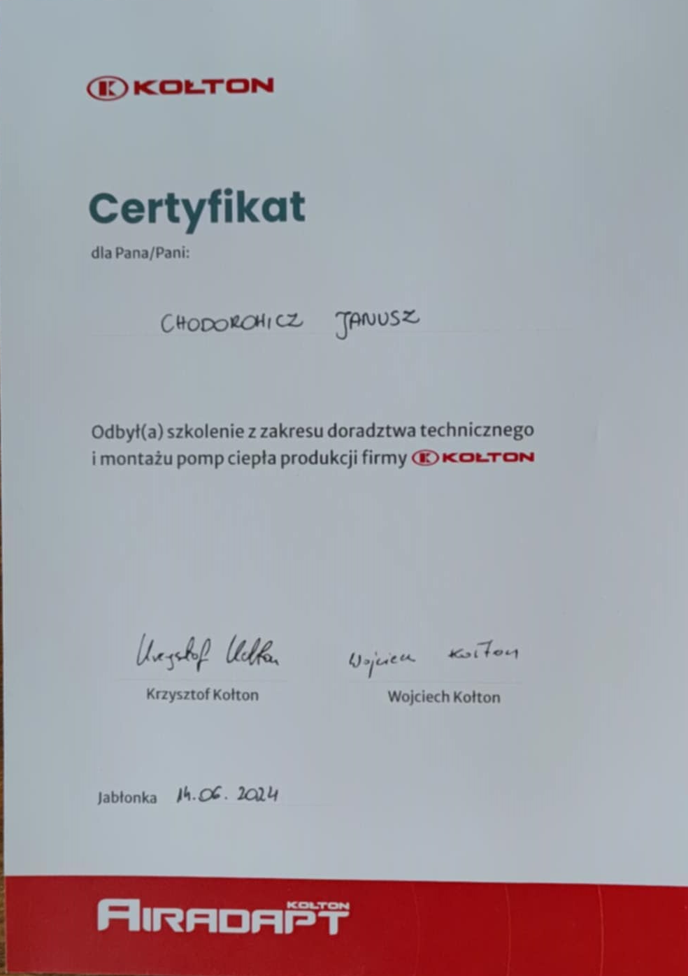 Certyfikat Kołton – montaż pomp ciepła